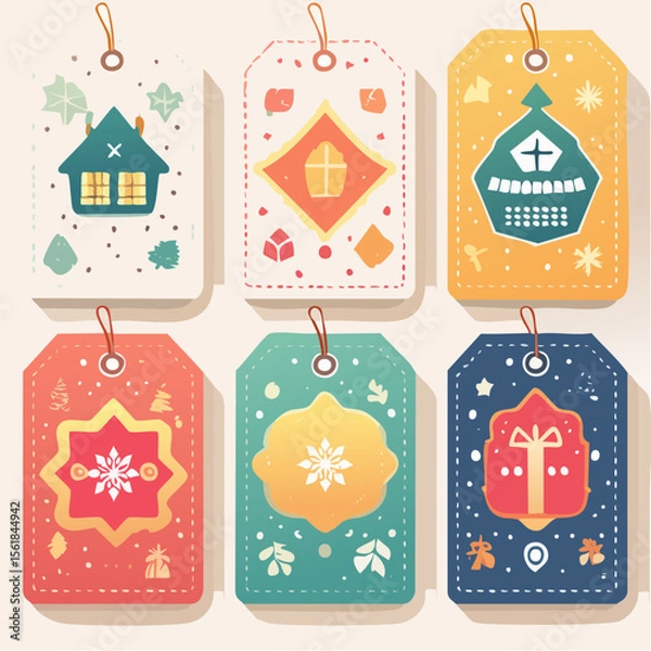 Obraz Set of printable vector gift tags with floral and geometric designs, editable text placehold