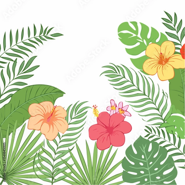 Fototapeta Thin line vector drawings of tropical leaves and flowers on white background