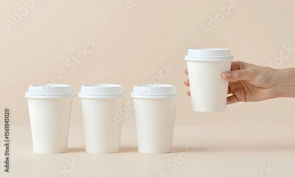 Fototapeta A woman's hand picks up one blank paper coffee cup from a row. This minimalist concept represents choice or service, and serves as a mockup for cafe branding on a neutral beige backgroun