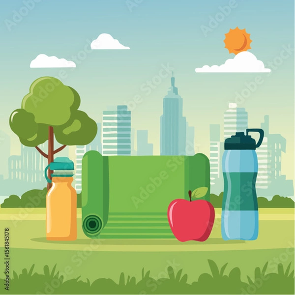 Obraz Vector icons of a green apple, dumbbell, yoga mat, water bottle, and heart, modern healthy