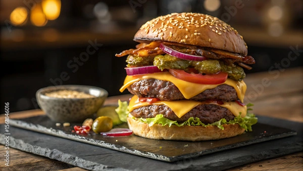 Fototapeta Mouthwatering Double Cheeseburger with Fresh Toppings and Fries