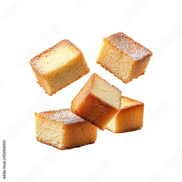 Fototapeta  Irregularly cut slices of sponge cake with creamy filling, dynamically suspended in mid-air png
