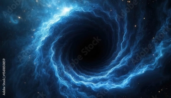Fototapeta Abstract artwork depicts a swirling vortex in deep space. Intense blue nebula surrounds black hole center. Cosmic energy, sci-fi, technology and universe themes. Digital illustration.