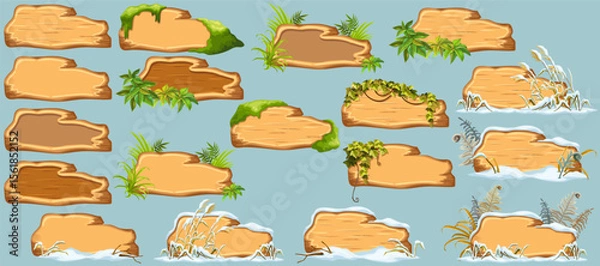 Obraz Cartoon game panels with swamp moss, forest lichen, liana branches, jungle leaves, ivy. Marsh reed under snow. Swamp cattails, fern winter. Broken weed and snowdrifts. Vector signboards, frames.