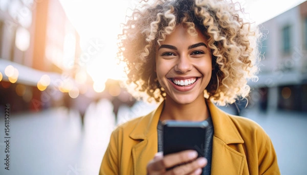 Fototapeta A beautiful young woman blogger, vlogger or influencer is receiving emoji and emoticon reactions in her mobile smart phone device while making a post, sharing or video logging on social media
