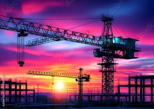 Fototapeta Construction cranes at sunset