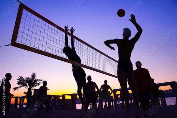 Fototapeta silhouette of beach Volleyball player on the beach in sunset