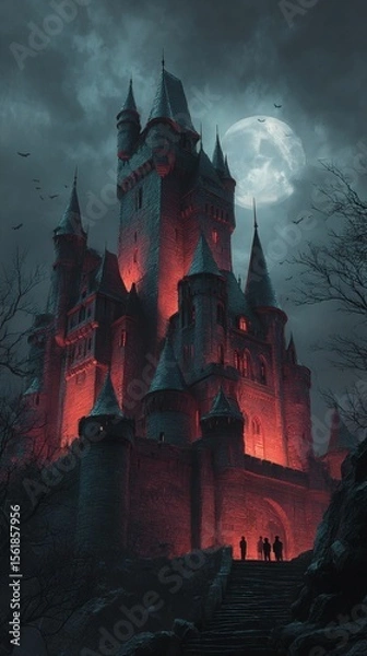 Fototapeta A spooky Halloween night silhouette of a haunted castle in the dark woods under a creepy moonlit sky with bats and trees