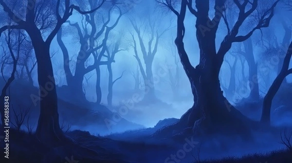 Fototapeta Vector misty forest landscape with blue silhouettes of trees