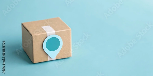 Obraz Gift box on a blue background with a location marker tag.