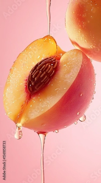 Fototapeta Two peach slices dripping with honey on a pink background