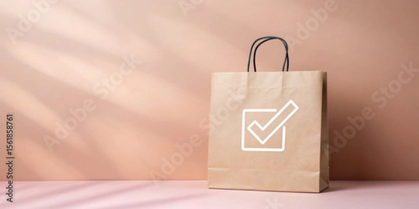 Obraz Shopping bag with a checkmark symbol against a neutral background.