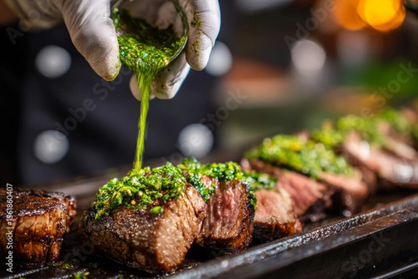 Fototapeta Close-up of gloved chef’s hands drizzling bright green chimichurri over grilled steak slices