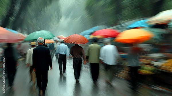Fototapeta A vibrant blur of pedestrians and umbrellas navigate a rainy urban landscape with dynamic energy.