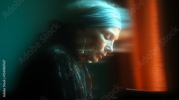 Fototapeta A contemplative senior woman in a teal headwrap is illuminated by a warm, artistic light.