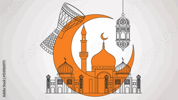 Fototapeta muharram celebration icons including crescent moon with arabic calligraphy, mosque silhouettes, ashura labels and festive lanterns