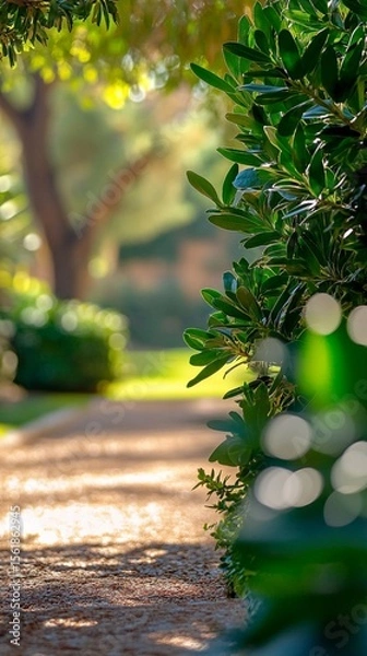 Obraz Lush greenery lines a tranquil pathway, inviting visitors to explore the serene landscape filled with gentle sunlight and soft shadows in this idyllic setting.