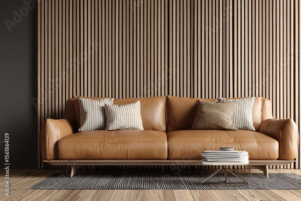 Fototapeta Living room with tan leather sofa and vertical wood slat wall behind, stack of design books on coffee table