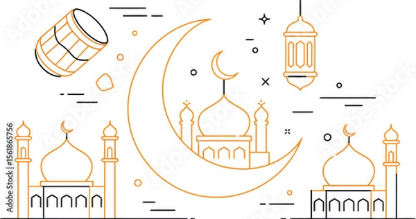 Fototapeta muharram celebration icons including crescent moon with arabic calligraphy, mosque silhouettes, ashura labels and festive lanterns