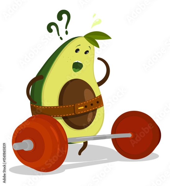 Obraz Surprised frustrated avocado athlete weightlifter character confused standing in front of a heavy barbell in the gym. Cartoon vector isolated on white background