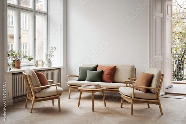 Fototapeta Open-plan Nordic interior with light wood furniture, white walls, and soft furnishings in earth tones, couch placed off-center with large window providing natural light