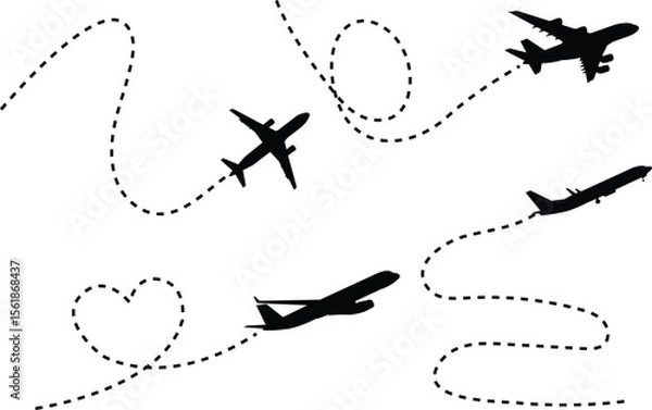 Fototapeta Airplane route path icon. A vector illustration depicting the flight path of an airplane with a line trace, set against a white background.

