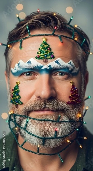 Fototapeta Man with string lights and Christmas tree decorations on his face. Bearded male model with creative winter makeup for holiday advertising.