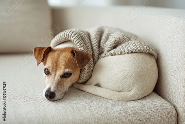 Fototapeta Small dog wearing a neutral knitted sweater curled up on light beige sofa with textured fabric, minimalist room with soft lighting