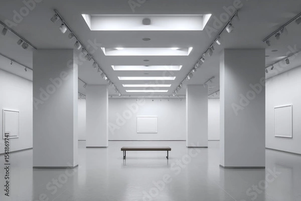 Fototapeta Symmetrical shot of art gallery hallway with modular lighting and floating partitions, a single bench in center