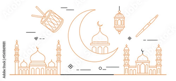 Fototapeta muharram celebration icons including crescent moon with arabic calligraphy, mosque silhouettes, ashura labels and festive lanterns
