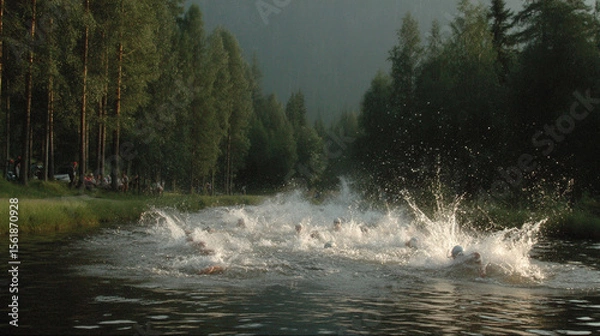 Fototapeta Swimmers burst into action, creating a spectacular splash at the start of an open water race surrounded by a serene forest.