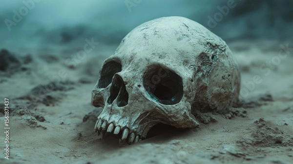 Fototapeta Ancient human skull embedded in sandy soil, symbolizing life and death, fossil remains discovery in arid environment