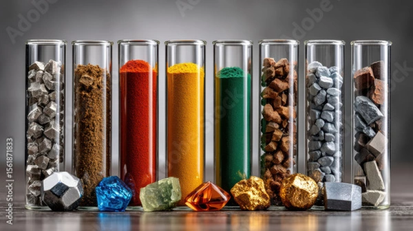 Fototapeta Diverse minerals and crystals in test tubes with vibrant colors and textures on display