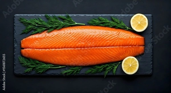 Fototapeta Smoked Norwegian Salmon Lox with Dill and Lemon top view