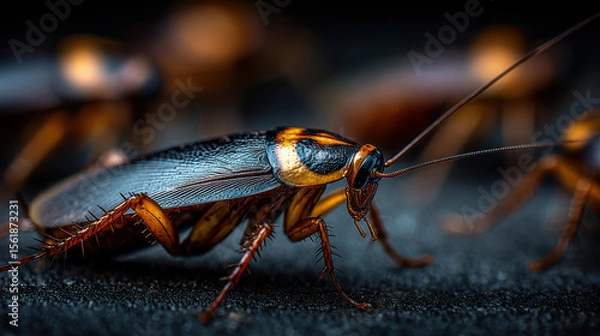 Fototapeta Close-up of a cockroach on dark surface with detailed reflection and textured background