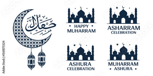 Fototapeta muharram celebration icons including crescent moon with arabic calligraphy, mosque silhouettes, ashura labels and festive lanterns