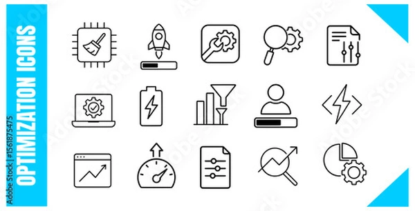 Fototapeta Optimization Line Icons Set Performance, Speed, Settings, and Data Vector icons