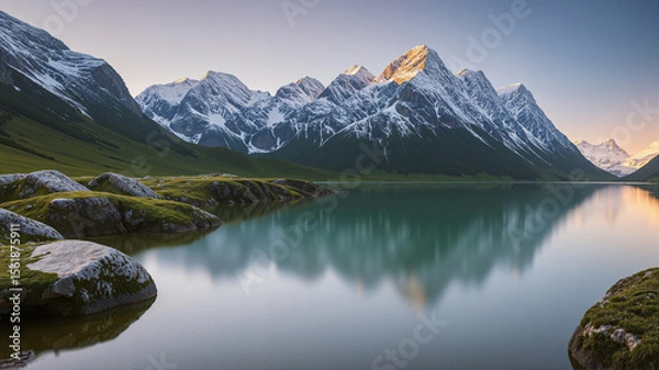 Fototapeta View of the lake at dusk with tall mountains in the background.AI generated.