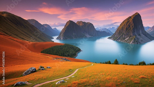 Fototapeta Evening scenery, brown grassland and river, with high mountains and sky in the background.AI generated.