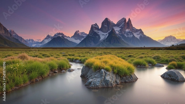 Fototapeta A natural view with a river and high mountains as a background during twilight. AI generated.