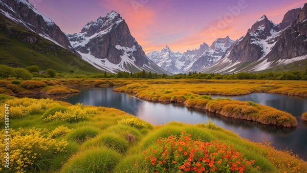Fototapeta Evening scenery, brown grassland and river, with high mountains and sky in the background.AI generated.