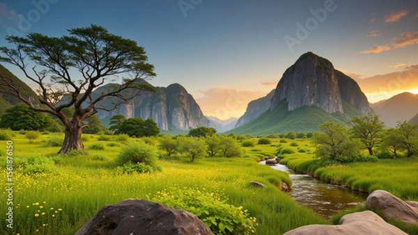 Fototapeta Natural view with big trees, water, mountains and sky in the background.AI generated.