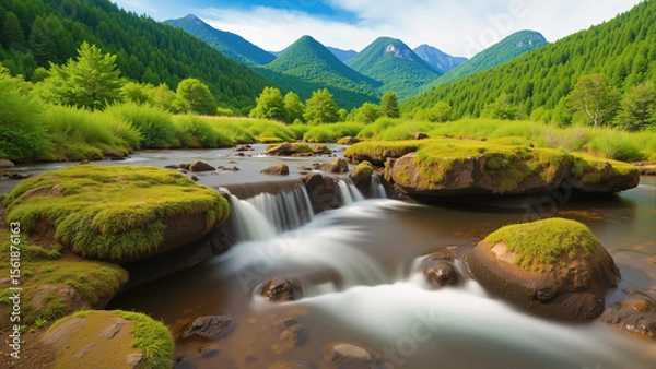 Fototapeta The stream flows into a small waterfall with a green forest and mountains as a background.AI generated.