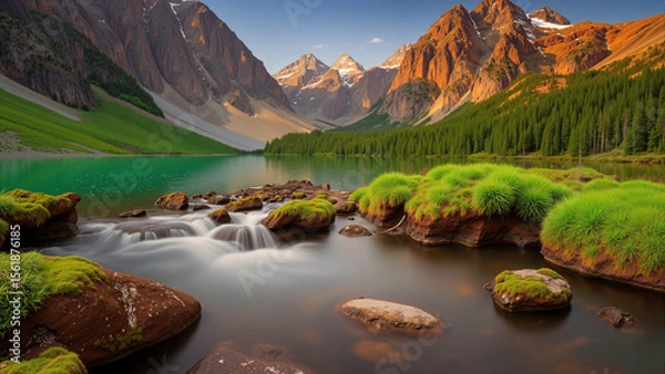 Fototapeta A natural view with a river and high mountains as a background during twilight. AI generated.