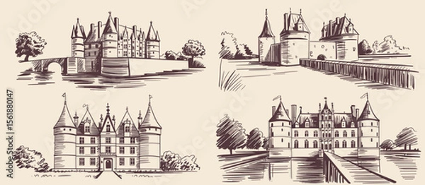 Fototapeta Four European castles illustration sketches with towers, drawbridge, water and architecture