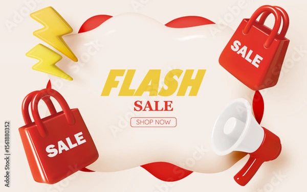Fototapeta Flash Sale Alert with Megaphone and Shopping Bag in Bold 3D Minimal Style Design