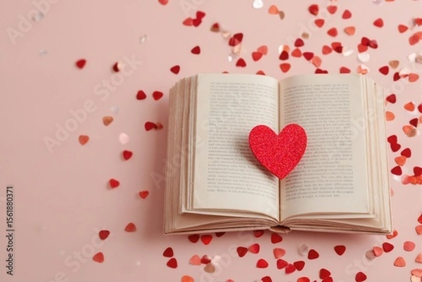 Fototapeta An open book lies on a light pink background, the pages of which are decorated with paper hearts. View from above