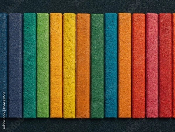 Fototapeta A neat row of rectangular crayons or pastels on a black background.