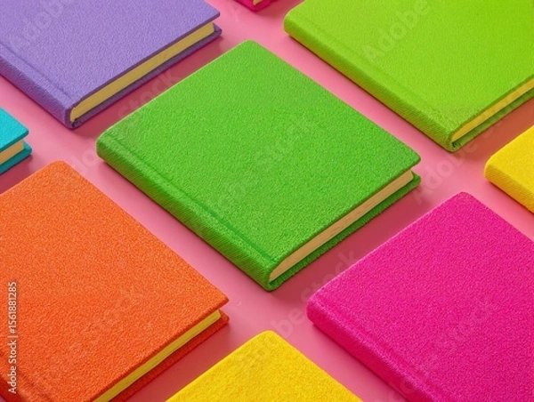 Fototapeta A variety of brightly colored, plain notebooks laid out at an angle on a pink background.