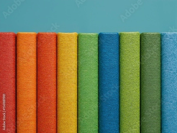 Fototapeta A row of books or notebooks with bright fabric covers. The background is a solid blue